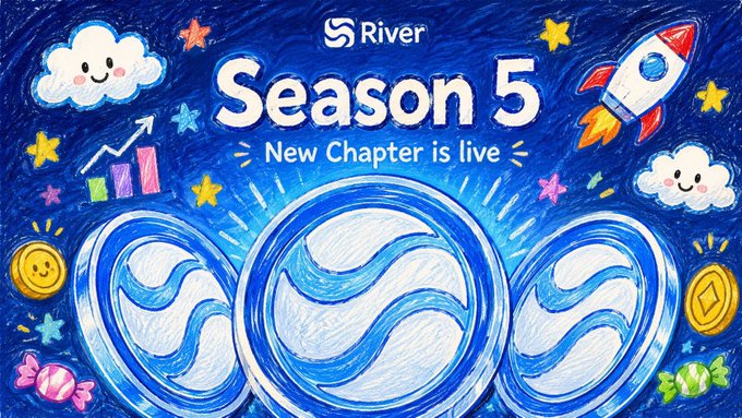 The image features a poster for River 5, which is a new chapter of a book series called "River 4 Fun". The poster has a blue background with white stars and clouds, and there are three coins placed at the bottom right corner. The text on the poster reads "Good morning everyone! One thing I’ve noticed recently is that some Web3 campaigns are finally starting to feel more connected to real ecosystem activity instead of pure noise".