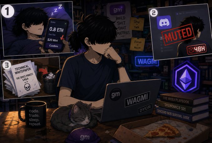 Anime-style illustration of a programmer at a laptop covered in crypto and web3 references, with panels showing '0.8 ETH' gas fee confirmation, a muted Discord with 48H, and a 'TECHNICAL WHITEPAPER' being crumpled, alongside a 'WAGMI' laptop and a 'gm' cap.