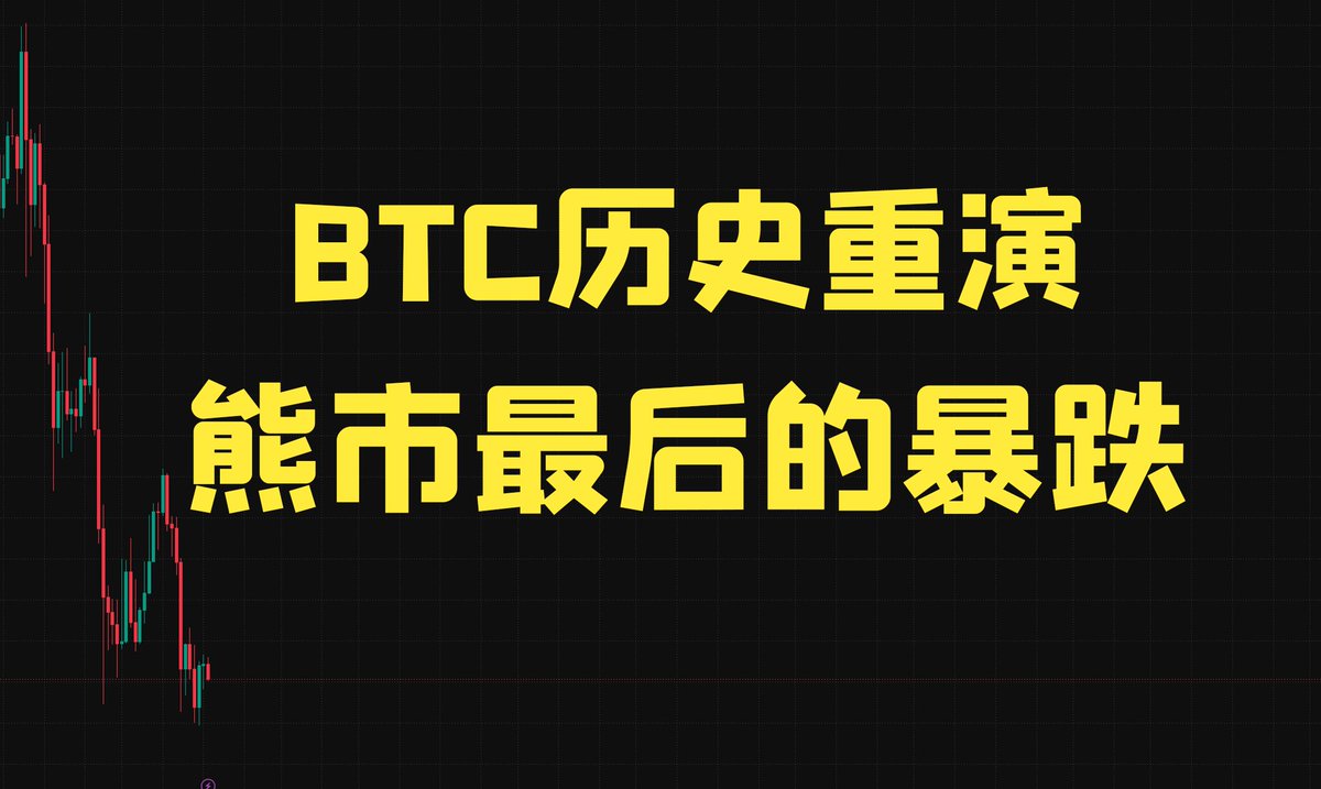 A dark graphic with yellow Chinese text 'BTC历史重演 熊市最后的暴跌' alongside a descending red candlestick chart pattern.