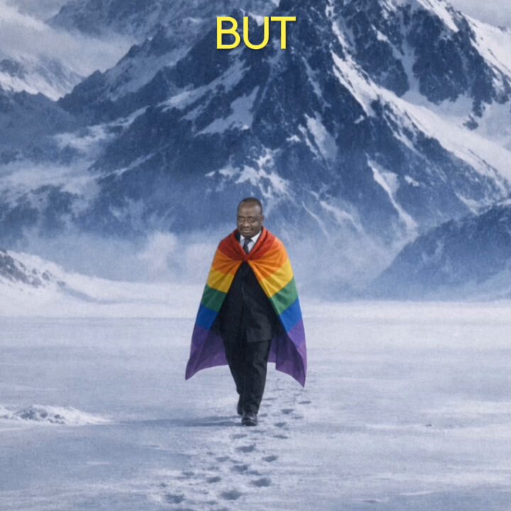 The image features a man walking across a snowy field, wearing a rainbow-colored cape that covers his entire body. The caption of the image reads "BUT", which seems to be a part of a larger message or joke related to pride month. The background of the image is filled with snow and mountains, creating an interesting contrast between the man's colorful attire and the white landscape surrounding him.