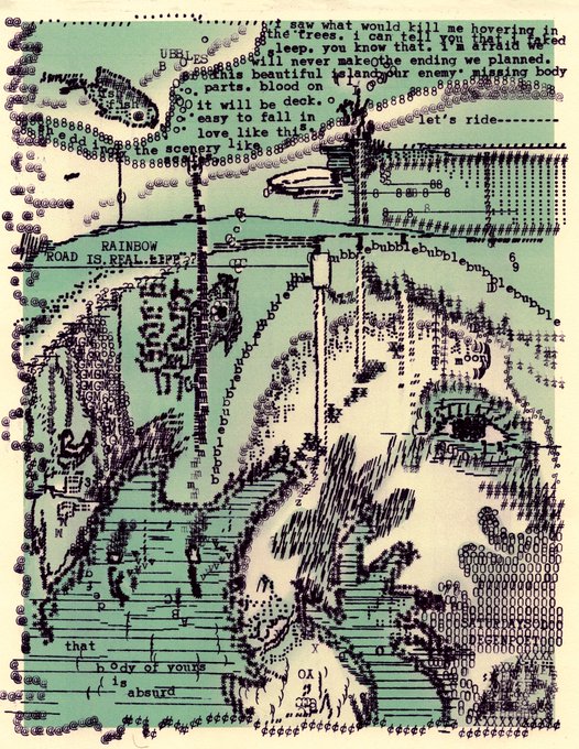 An abstract mixed-media artwork combining teal and purple tones with fragmented text overlays, including phrases like 'RAINBOW ROAD IS REAL LIFE' and 'bubblebubblebubblebubble', alongside sketched landscape and urban imagery.