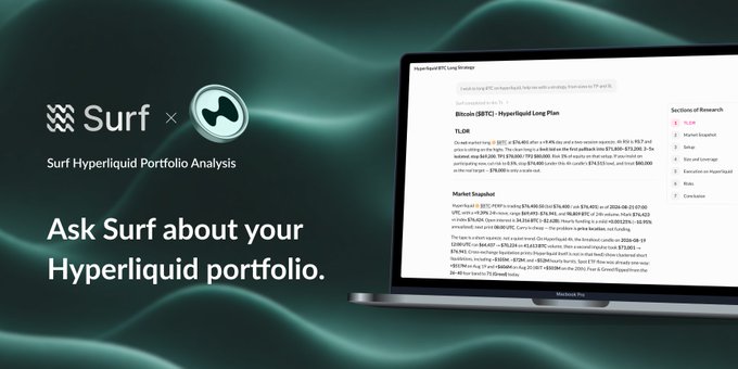 A promotional graphic for 'Surf x Hyperliquid' featuring a laptop displaying a 'Hyperliquid BTC Long Strategy' research document with text reading 'Ask Surf about your Hyperliquid portfolio.'