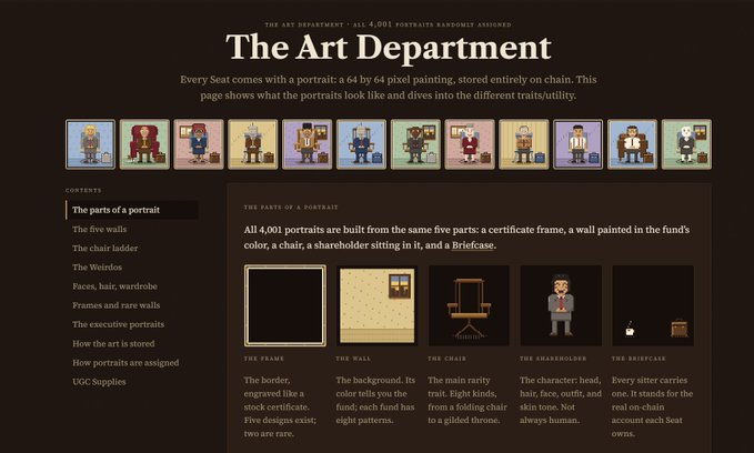 A webpage titled 'The Art Department' explaining that 'All 4,001 portraits are randomly assigned' and detailing the components of the 64x64 pixel painted portraits stored on-chain, showing examples of the frame, wall, chair, shareholder, and briefcase.