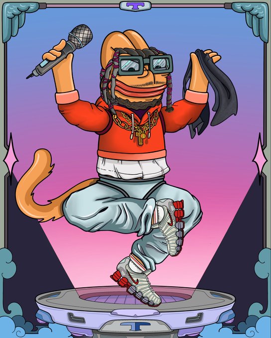 The image features a cartoon cat wearing glasses, a red shirt, and blue jeans with gold chains. The cat has a microphone in its mouth and appears to be dancing or performing some sort of act. The caption below the image reads "GM Peepos @PEPE_CARDS / 10 June / Solami THEY NOT LIKE US THEY NOT LIKE US". This suggests that the image is related to a social media post by GM Peepos, which is a popular meme site where users share funny and entertaining content. The cat's outfit and the presence of the microphone in its mouth are likely intended to be humorous or amusing, as they deviate from typical feline appearances.
