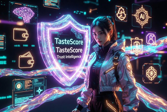 A futuristic female figure stands beside a glowing shield displaying "TasteScore / TasteScore / Trust Intelligence," surrounded by holographic icons symbolizing wallets, AI, and identity—visually reinforcing the post's message of AI-powered, real-time trust and reputation infrastructure for crypto wallets, powered by $INSO.