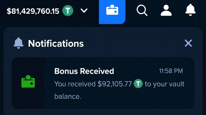 A screenshot of a Stake wallet notification panel displaying a balance of $81,429,760.15 alongside a "Bonus Received" alert showing $92,105.77 deposited to the vault at 11:58 PM, seemingly used to promote a tip giveaway promotion.