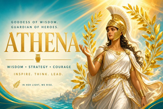 An illustrated promotional image of the Greek goddess Athena in golden armor and white robes, with text reading 'ATHENA', 'GODDESS OF WISDOM. GUARDIAN OF HEROES.', 'WISDOM • STRATEGY • COURAGE', 'INSPIRE. THINK. LEAD.', and 'IN HER LIGHT, WE RISE.'