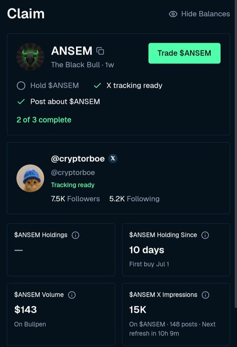 A crypto profile page displays a "Claim" section for $ANSEM (The Black Bull), showing 2 of 3 tasks complete, with a profile of @cryptorboe featuring 7.5K followers and stats including 10 days holding since July 1, $143 volume on Bullpen, and 15K X impressions on 148 posts—supporting the post about receiving an $ANSEM airdrop.
