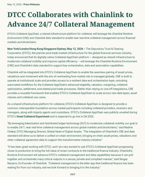A news article dated May 12, 2025, with the headline 'DTCC Collaborates with Chainlink to Advance 24/7 Collateral Management' discussing DTCC, Chainlink, and the Depository Trust & Clearing Corporation.