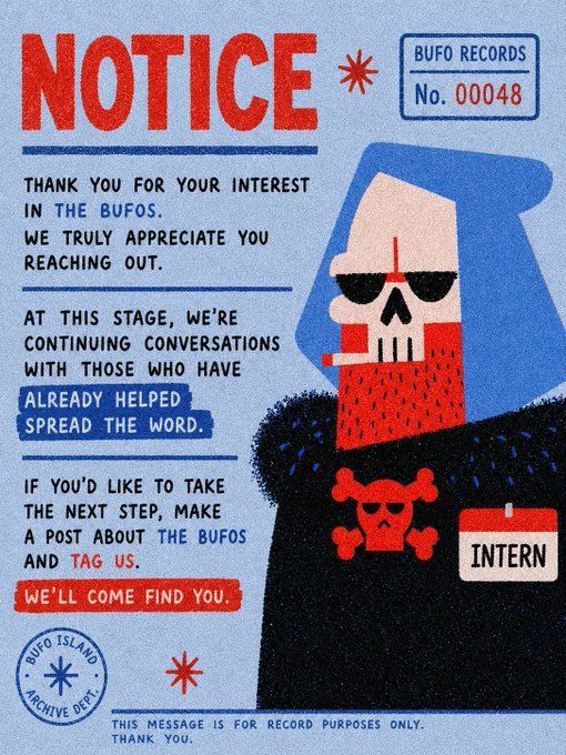 A textured notice poster from BUFO RECORDS No. 00048 featuring a bearded character with sunglasses and a skull-and-crossbones shirt, addressed to potential interns.