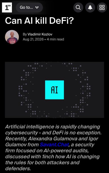 An article titled "Can AI kill DeFi?" by Vladimir Kozlov dated Aug 21, 2026, featuring a teal "AI" icon and discussing how AI is changing cybersecurity and DeFi.