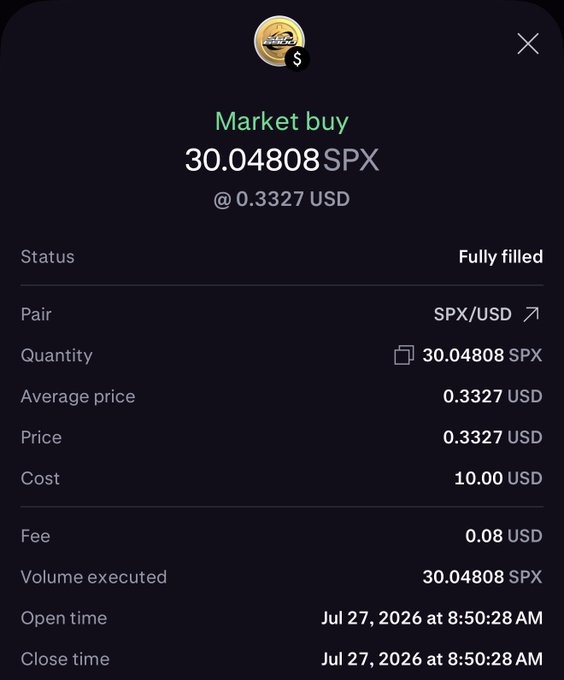 A cryptocurrency trading confirmation showing a market buy order for 30.04808 SPX at 0.3327 USD with a total cost of 10.00 USD and fee of 0.08 USD, fully filled on Jul 27, 2026.