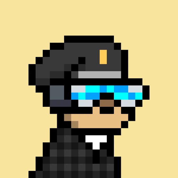 The image features a cartoon character wearing glasses, a hat, and a suit. The character appears to be a person or an animal with a serious expression. The background of the image is yellow, which contrasts with the black elements of the character's attire. There are no texts present in the image.