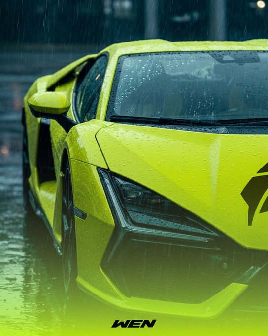A bright yellow-green sports car covered in rain droplets, parked in the rain, with the text 'WEN' displayed at the bottom.