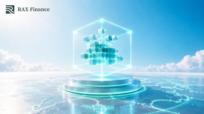 A futuristic 3D render for "RAX Finance" showing a glowing, holographic blue cube made of smaller blocks resting on a metallic pedestal above a digitally rendered earth map with glowing connection lines.
