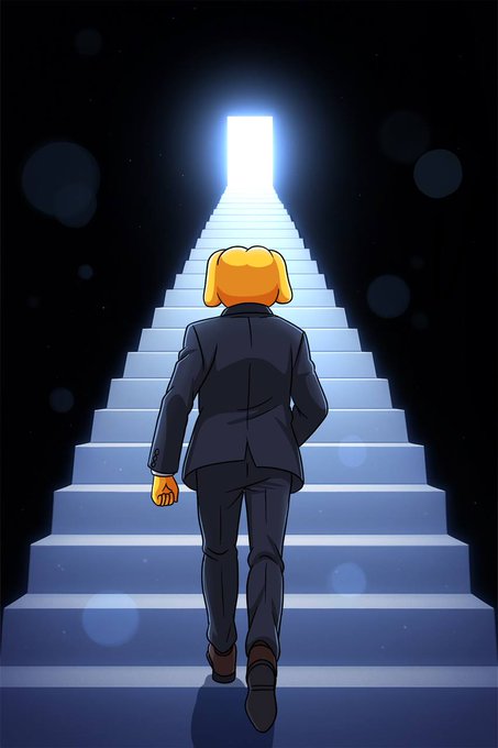 An illustration of a figure in a business suit walking up a long staircase toward a glowing doorway in the dark, symbolizing ambition or the pursuit of success.