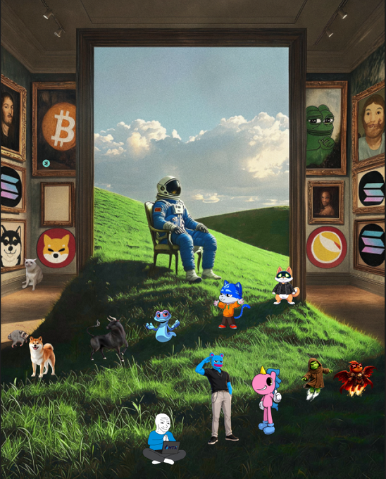 An artistic digital collage shows an astronaut sitting in a chair within a museum-like doorway, surrounded by framed cryptocurrency symbols including Bitcoin, Shiba Inu, Doge, and Pepe, with various cartoon characters gathered on a grassy hill below.