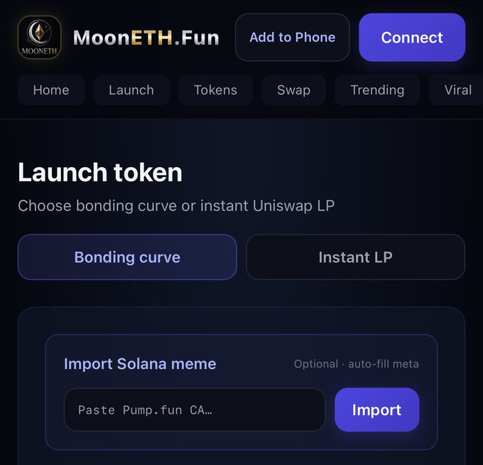A dark-themed webpage for 'MoomETH.Fun' with a 'Launch token' section, offering options for 'Bonding curve' or 'Instant LP' and an input field to 'Import Solana meme'.