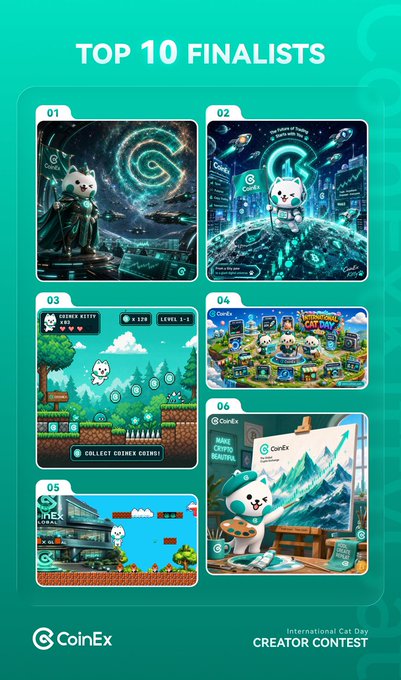 An infographic titled 'TOP 10 FINALISTS' for the CoinEx International Cat Day Creator Contest, featuring six numbered, cat-themed digital art entries.
