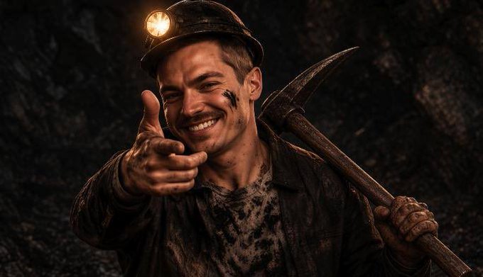 A smiling miner, covered in dirt and holding a pickaxe, points at the camera. This image likely represents a "10/10" rating, but reversed or in a playful, gritty context.