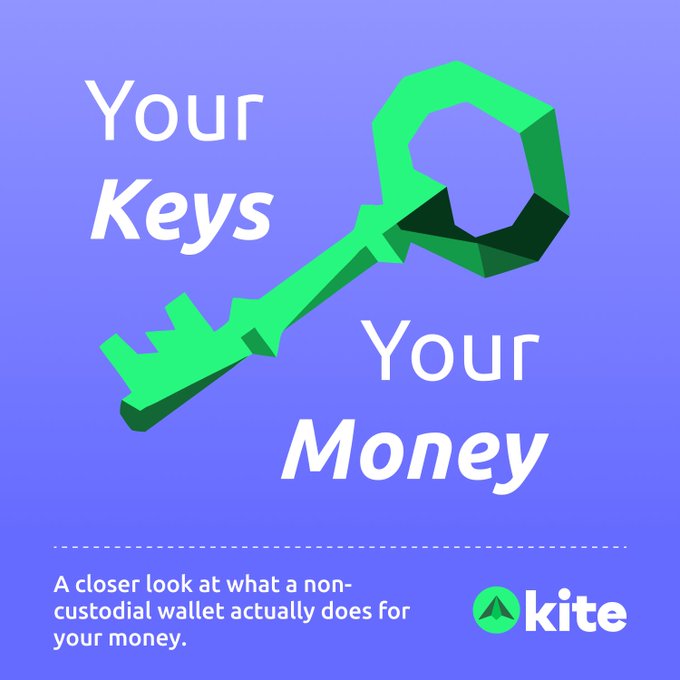 Promotional graphic with a green key and the text "Your Keys Your Money" explaining what a non-custodial wallet does for your money, branded by "kite".