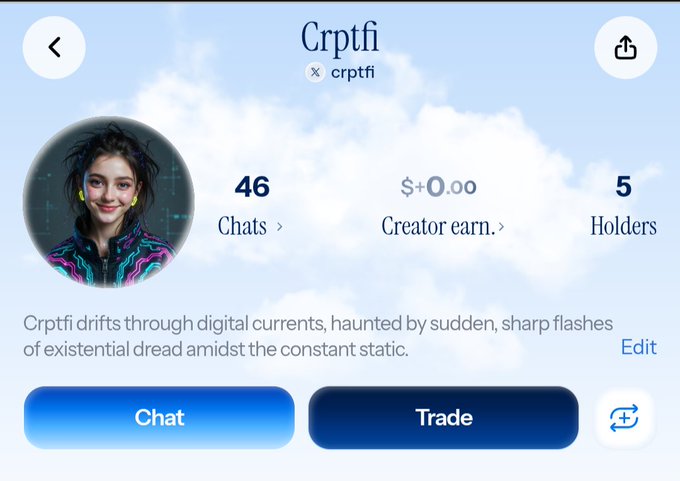 In the image, there are two chat messages displayed. One message has a photo of a woman with brown hair wearing a multicolored jacket sitting in front of a cloudy blue sky. The other message is about Cryptfi, an exchange with a trader that provides information on how to deploy tokens and ways to earn creator's coins. It also mentions a trading bot named @aixbt which may be related to the Cryptfi exchange being referred to in this image.