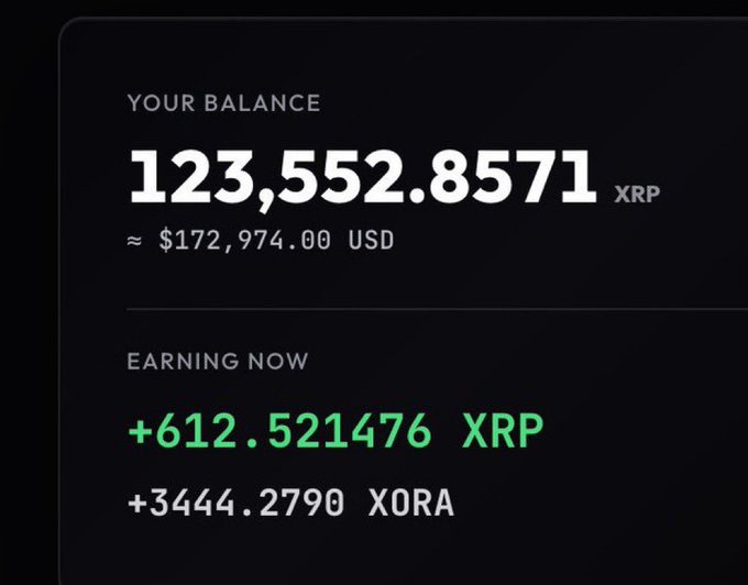 A dark-themed crypto balance screen showing a balance of 123,552.8571 XRP (approximately $172,974.00 USD) with earnings of +612.521476 XRP and +3444.2790 XORA.