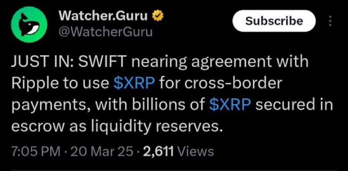 A screenshot of a Watcher.Guru tweet dated March 20, 2025, reporting that SWIFT is nearing an agreement with Ripple to use $XRP for cross-border payments, with billions of $XRP held in escrow as liquidity reserves. The post's skepticism about the "hack" claim contrasts with the image's bullish narrative of mainstream institutional adoption, hinting that the alleged hack may have been a setup to disrupt $XRP's rising legitimacy.