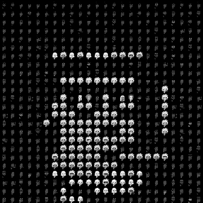 A grid of black and white hand-drawn character sprites, with certain ones highlighted to form a larger image spelling out 'D', likely part of the Durag Society collection.