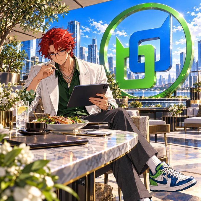 An anime-style illustration of a red-haired man in a white jacket and green shirt sitting at an outdoor cafe table, working on a tablet with a salad and meal in front of him, alongside a large green and blue logo.