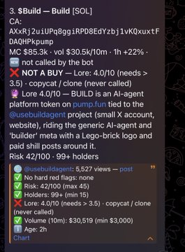A social media post about '$BUILD' discusses an AI-agent token tied to 'pump.fun' on the Solana blockchain, with details about holders, volume, and risk percentages.