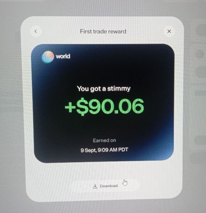 A screenshot displays a digital reward notification showing 'You got a stimmy +$90.06' from the 'world' app, earned on '9 Sept, 9:09 AM PDT'.