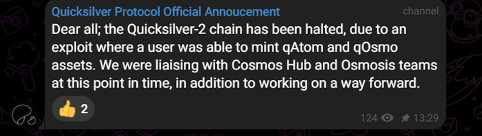 The image shows a screenshot from a text message or email, with an exclamation mark showing that someone has left the comment section. The main point of the conversation was about @quicksilverzone being exploited by actors within the Cosmos ecosystem. These actors have taken over their tokens and minted fake tokens to bypass security measures. Only a small fraction of these tokens actually leave the compromised account, which allows others in the cosmos to burn most of them, protecting their own assets.