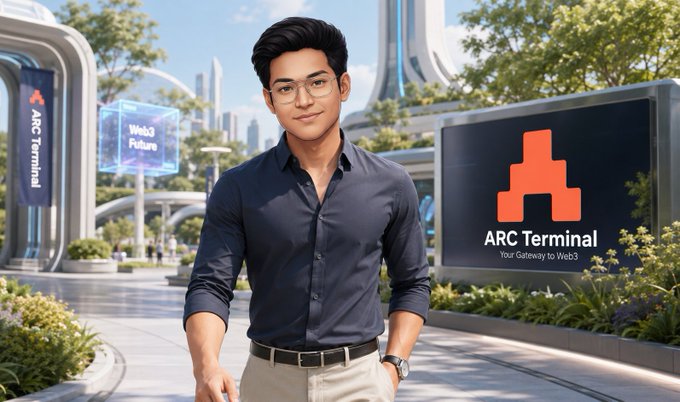 A digital illustration of a young man in glasses and a dark shirt standing in a futuristic city setting with a 'Web3 Future' sign and an 'ARC Terminal - Your Gateway to Web3' billboard.