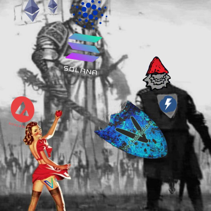 Cryptocurrency-themed artwork featuring logos for Ethereum, Solana, Avalanche, and others, depicting a samurai, a knight with a shark logo, a retro pin-up character, and a blue shark shape labeled 'WeChatSharkSader'.