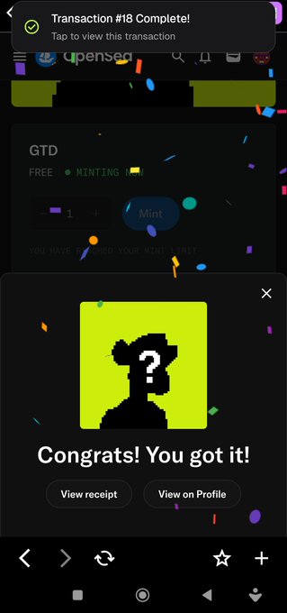 A mobile screenshot from Opensea showing a successful NFT mint transaction (#18 Complete) with a 'Congrats! You got it!' pop-up displaying a pixelated character silhouette on a yellow background.