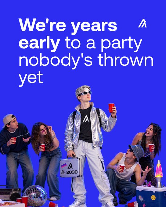 A promotional image with text 'We're years early to a party nobody's thrown yet' showing a group of young people at a party, with the central figure holding an '2030' branded box.