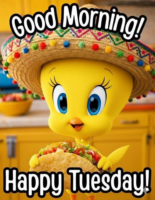 The image features a cartoon bird wearing a sombrero with colorful beads and holding a taco. The text "Good Morning! Happy Tuesday!" is written above the bird, indicating that it's a happy Monday morning. Below this, there is a quote about Web3 technology, which seems to be related to the post in some way.