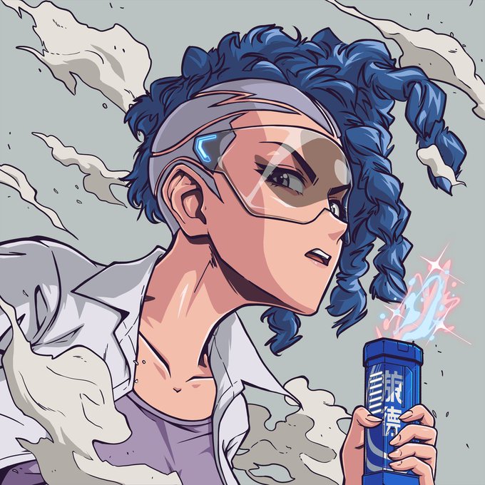 An anime-style illustration of a character with blue braided hair wearing futuristic visor glasses and holding a blue energy drink can with glowing effects.