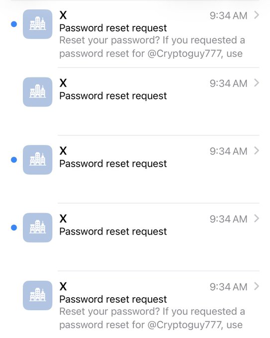 A smartphone notification screen displays multiple 'X Password reset request' notifications from 9:34 AM, with one mentioning a password reset for @Cryptoguy777.
