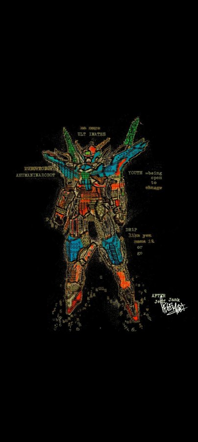 A digital illustration of a colorful mecha robot on a black background includes glitchy text overlays such as 'TOKYO 2054', 'UIX IMAGES', 'ARUMAR1WAROBOT', 'YOUTH =being open to change', 'DRIP =like you move it on go', and 'AFTER JUNK'.