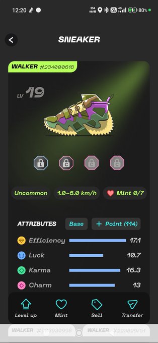 A mobile app screenshot of a 'SNEAKER' NFT collection showing a Level 19 'WALKER #23400618' with attributes: Efficiency 17.1, Luck 10.7, Karma 16.3, and Charm 13, along with Level up, Mint, Sell, and Transfer options.