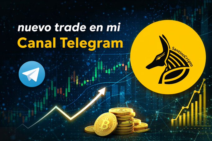 A Spanish-language promotional graphic for a Telegram trading channel featuring the text 'nuevo trade en mi Canal Telegram,' with crypto charts, Bitcoin coins, the Telegram logo, and a yellow logo for 'SantinoCrypto' featuring an Egyptian Anubis design.