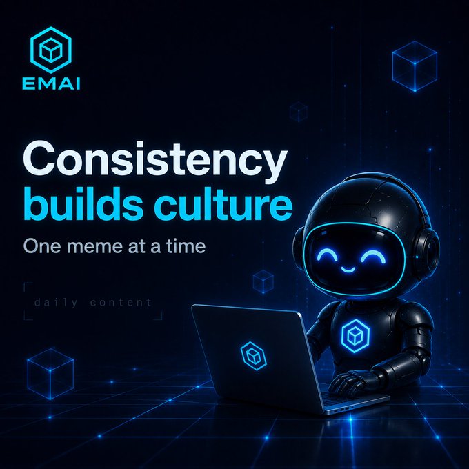 A promotional graphic for 'EMAI' featuring a blue neon robot using a laptop, with the tagline 'Consistency builds culture - One meme at a time' and 'daily content' text.