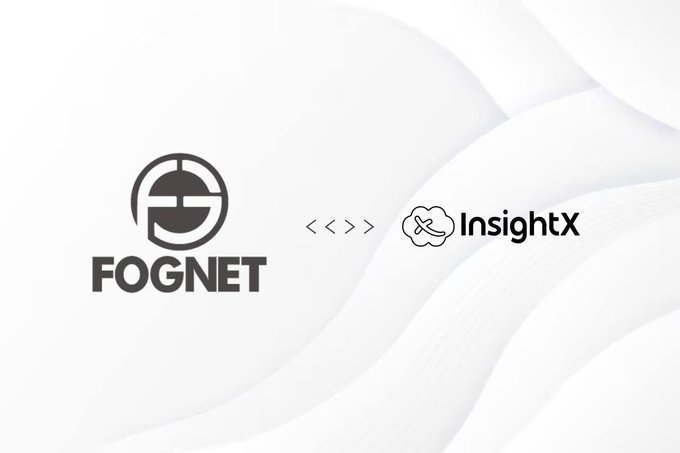 A minimalist white graphic featuring the 'FOGNET' logo on the left and the 'InsightX' cloud icon logo on the right, separated by directional arrows.
