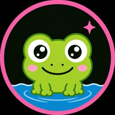 A cartoon illustration of a cute green frog with large eyes and pink cheeks, sitting in blue water inside a pink circular border against a black background, with a small sparkle star in the corner.