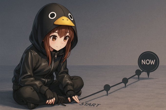 An anime-style girl in a black penguin hoodie crouches beside a timeline marked "START" leading to "NOW," symbolizing a creator's journey from initial idea to fully developed insight. The image visually reinforces the post's message about choosing to invest time in deeper understanding rather than echoing surface-level takes.