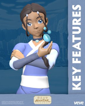 Katara from Avatar: The Last Airbender holds a glowing water orb in her hands, with the text "KEY FEATURES" and "Avatar: The Last Airbender" displayed alongside the Veve logo, illustrating the digital collectible's crafting role for Aang and the future Appa pathway.