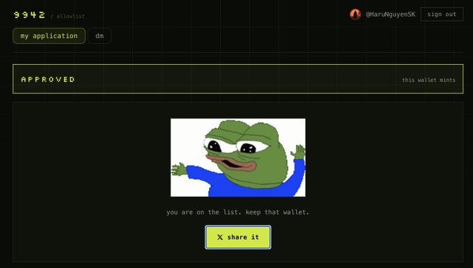 A dark-themed website interface displays an 'APPROVED' status with a Pepe the Frog character with arms raised, along with text 'you are on the list. keep that wallet.' and a yellow 'share it' button.