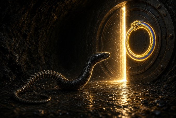 A dark, atmospheric digital illustration of a snake facing a circular vault door that is cracked open, emitting golden light and a glowing snake-shaped key ring.